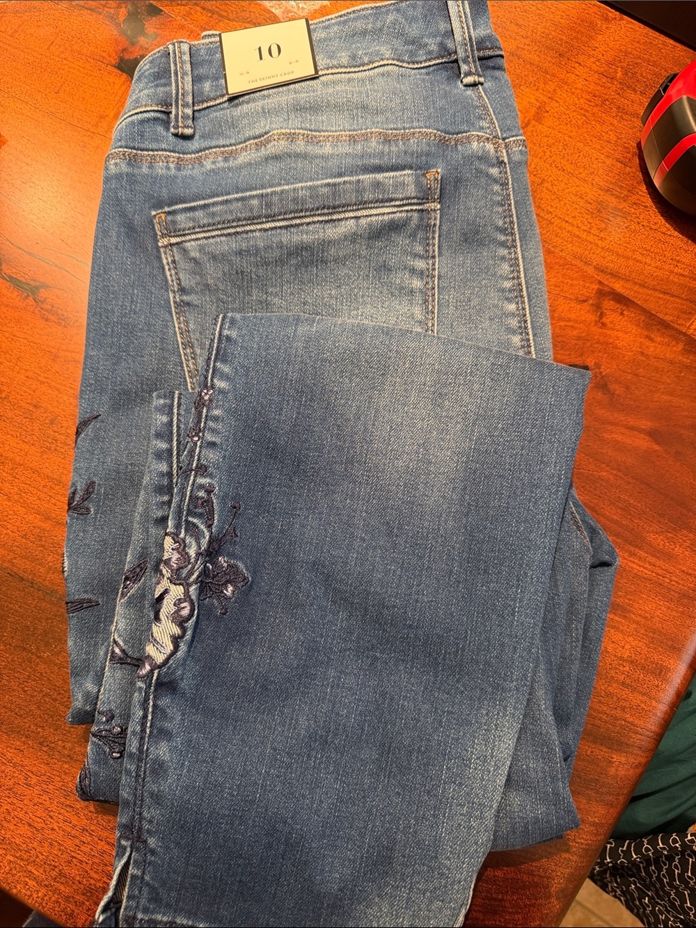 Brand New White House Black Market Blue Skinny Jeans with Side Floral Embroidery
